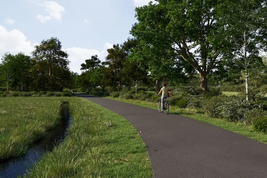 Fotorealistische 3D-visualisatie van een landschappelijke singel met bomen, bosschages en een fietspad langs een watergang, in samenwerking met Sec Groep.