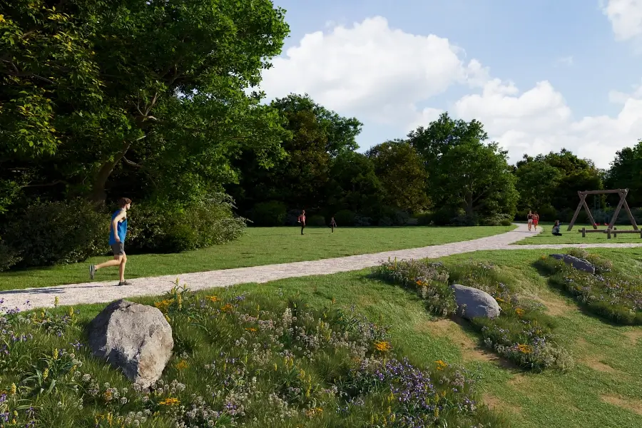 3D-render van een ingericht open parkbos met wandelpaden, speeltoestellen, bomen en bloemrijke oevers door Sec Groep.