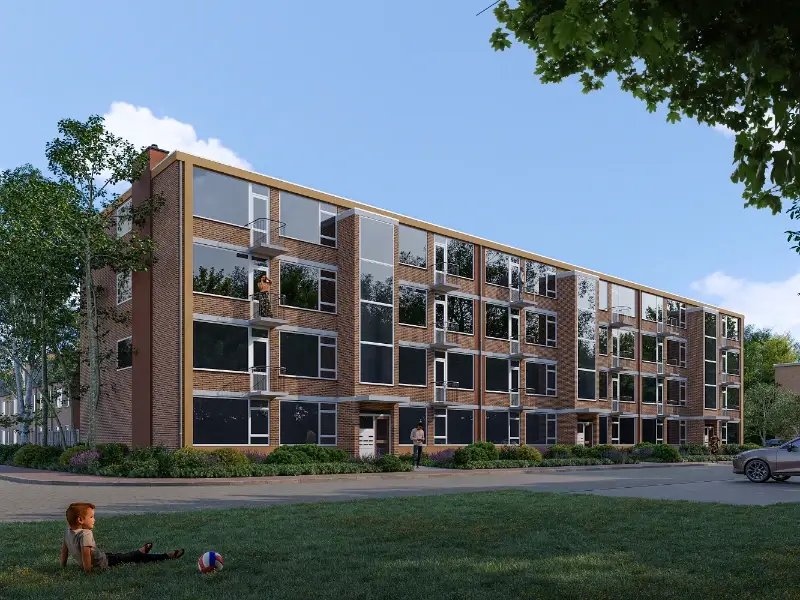 Fotorealistische 3D-visualisatie vanaf ooghoogte van de gevel- en kozijnverduurzaming bij het Colenso III appartementencomplex voor de VvE.
