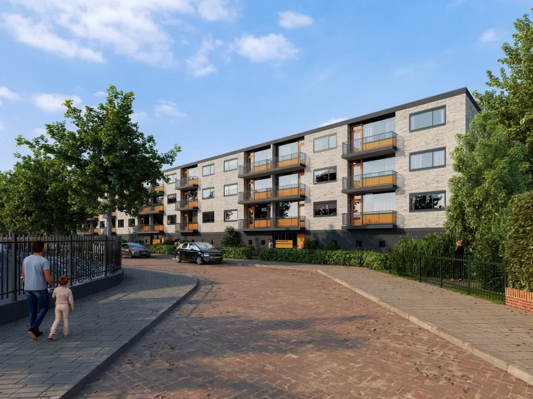 Fotorealistische 3D-visualisatie vanaf ooghoogte van de vastgoedverduurzaming aan de Van Linschotenlaan, met nieuwe kozijnen en gevelbekleding in opdracht van de VvE.