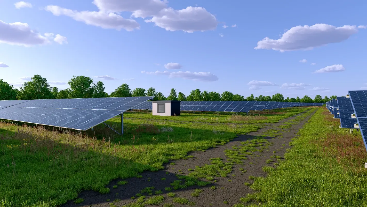 3D-render op ooghoogte van de zonnepanelen en het transformatorstation op zonneweide Gezande Baan te Heusden, ontwikkeld door SENS Iqony Sustainable Energy Solutions.
