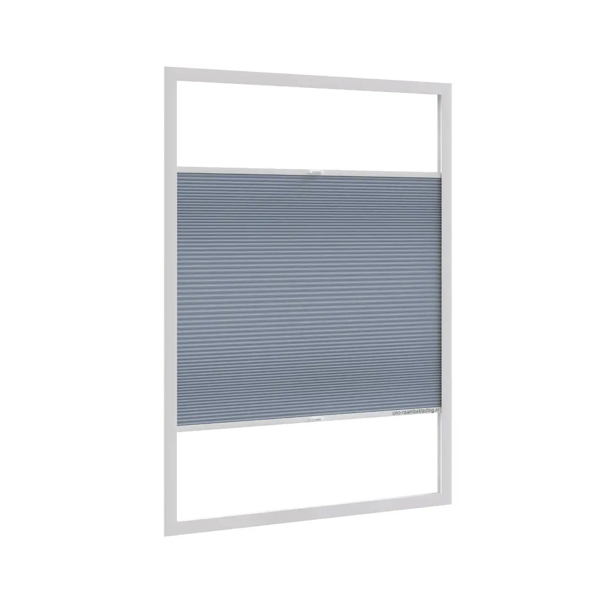3D-productvisualisatie van een plisségordijn met een wit frame en lichtblauwe stof van CNO Raambekleding.