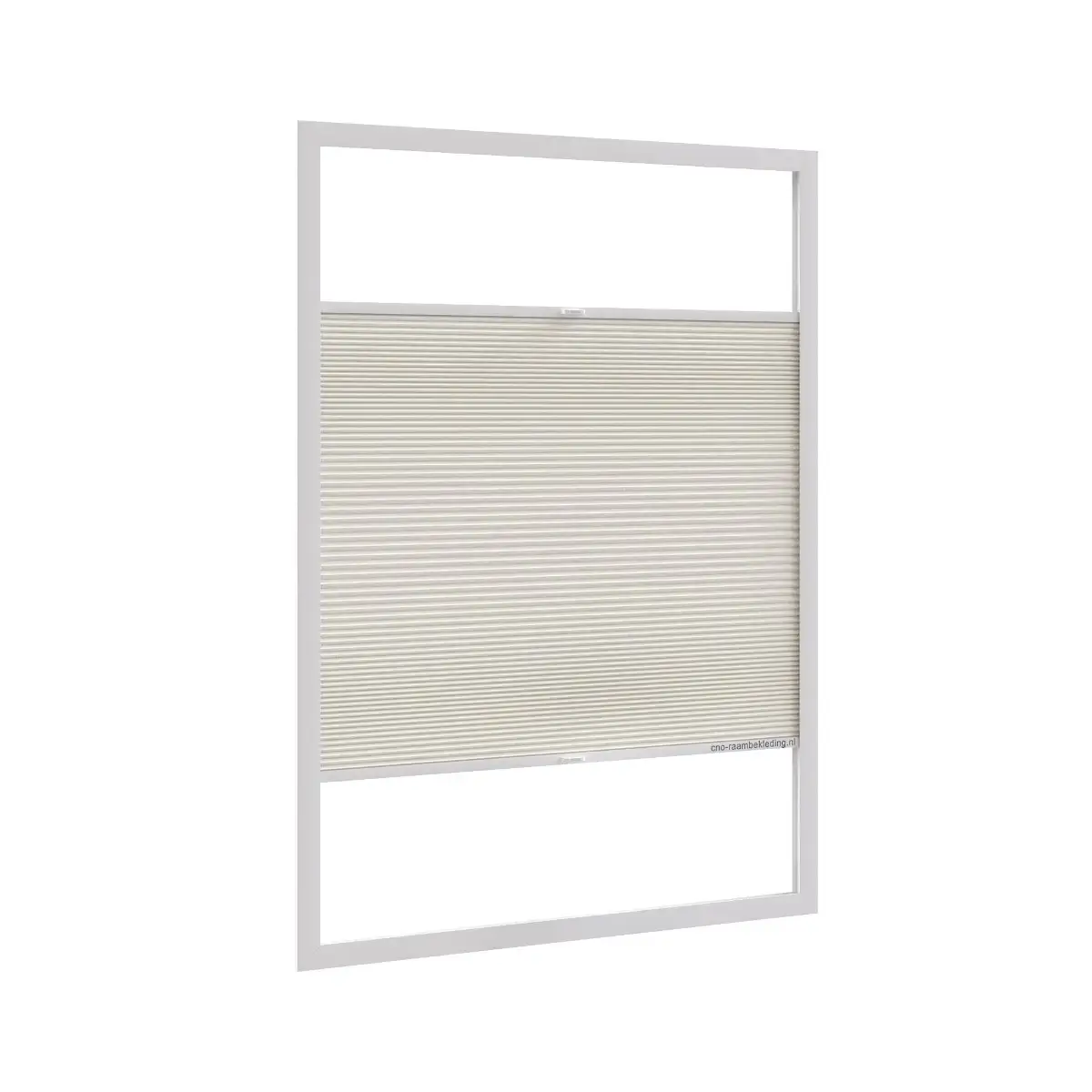3D-productvisualisatie van een CNO plisségordijn met crème stof en een wit frame.