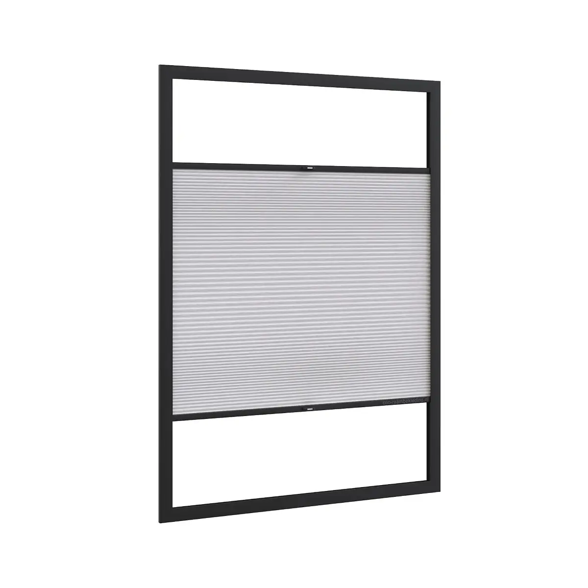 3D-visualisatie van een plisségordijn in een zwart aluminium frame met witte stof.