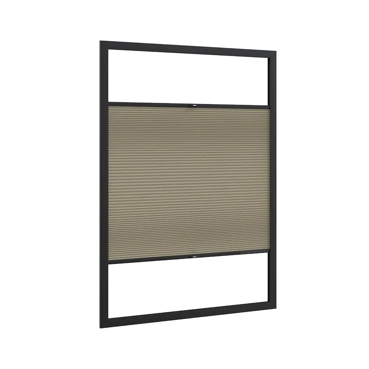 3D-productvisualisatie van een plisségordijn met een zwart frame en taupe lichtbruine stof.
