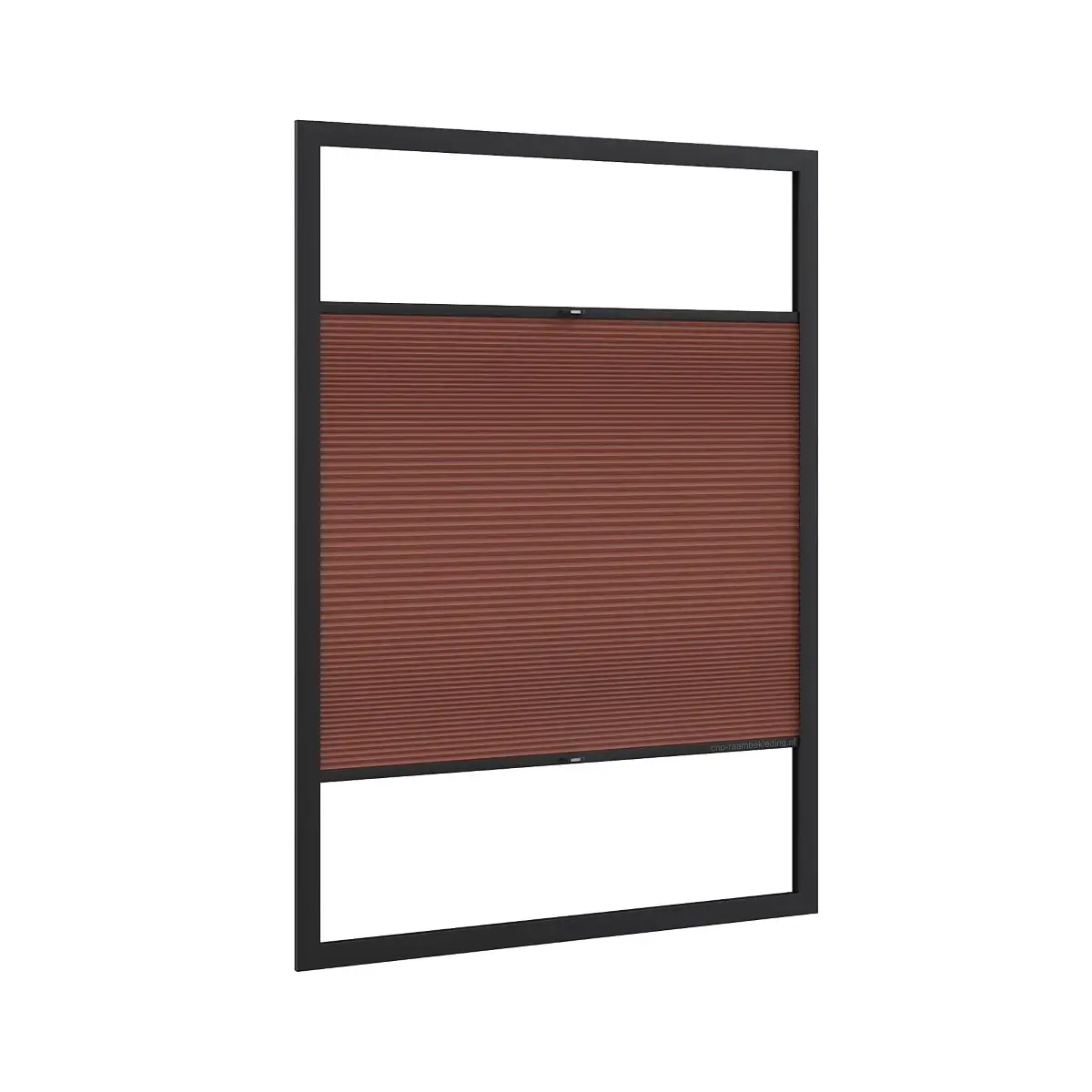 3D-render van een CNO plisségordijn met een zwart frame en rode stof.