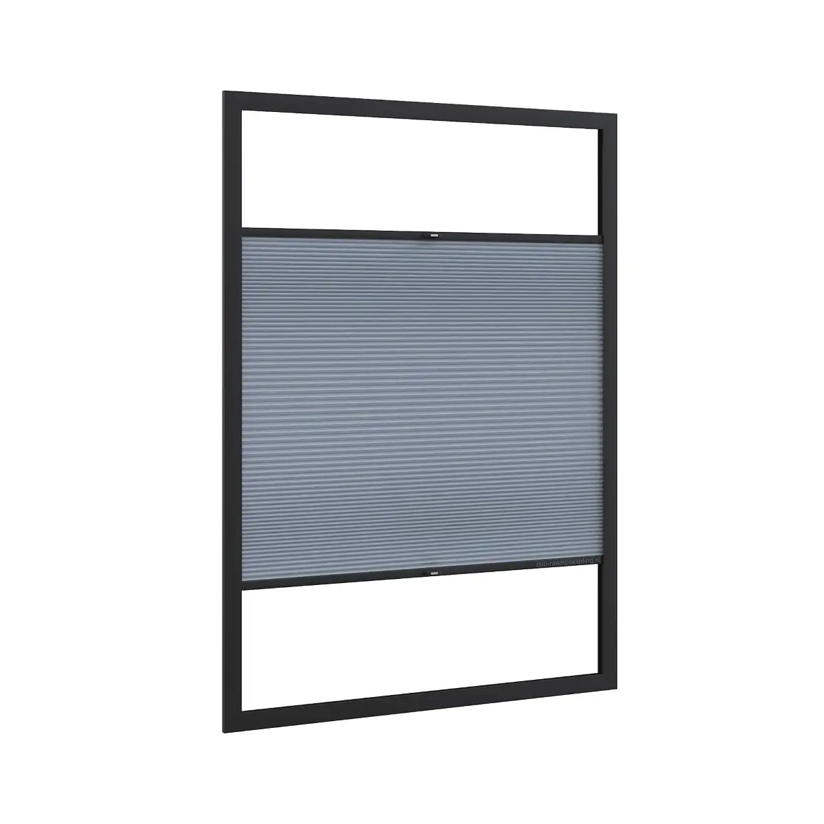 3D-productvisualisatie van een plisségordijn met een zwart frame en lichtblauwe stof.