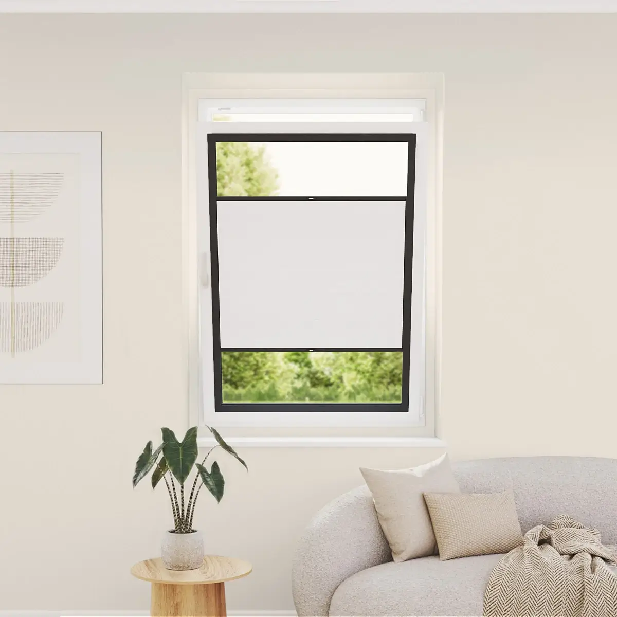 Modern interieur met een 3D-render van een plisségordijn in een zwart frame met witte stof.