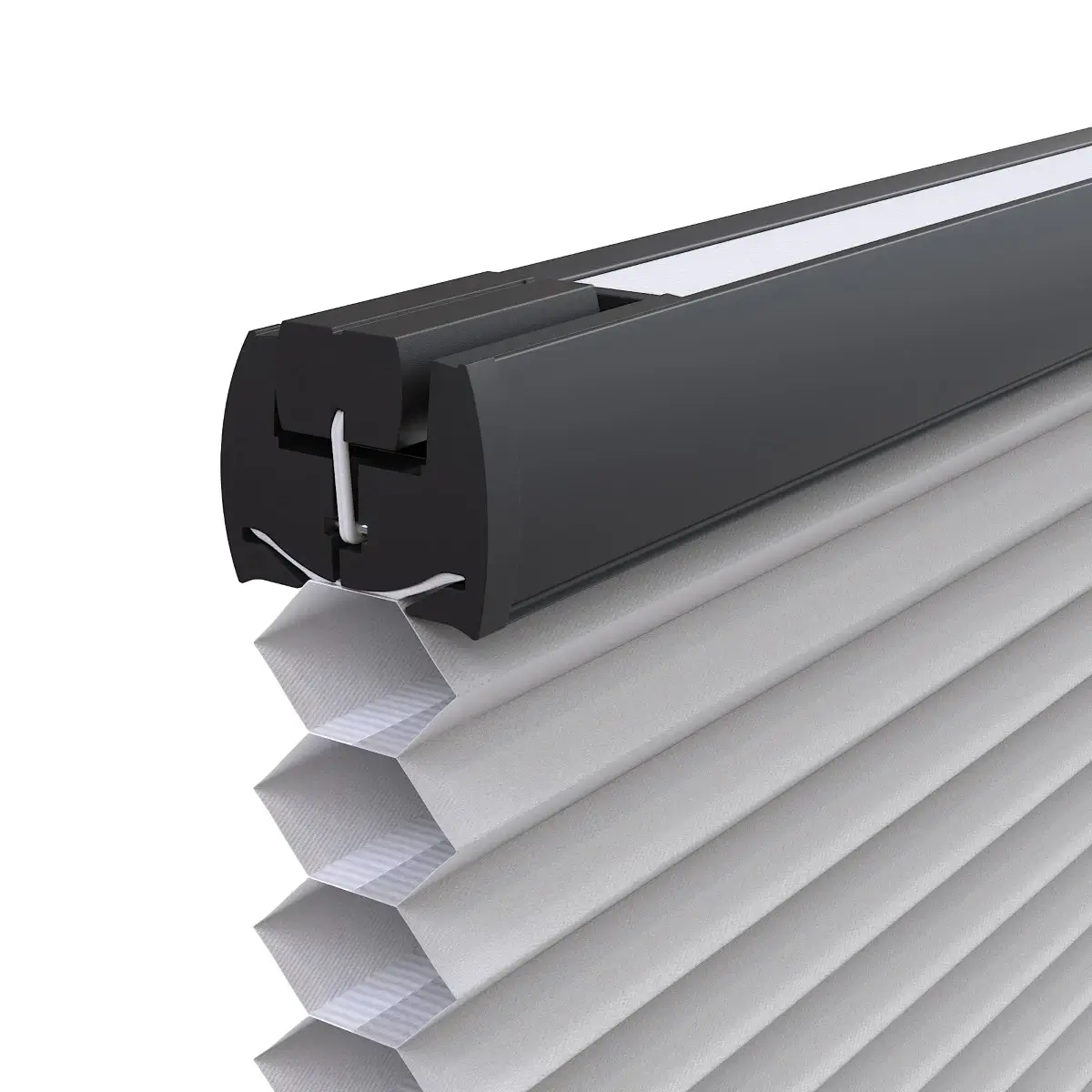 Close-up 3D-render van een zwart magnetisch profiel en plisséstof structuur van CNO Raambekleding.