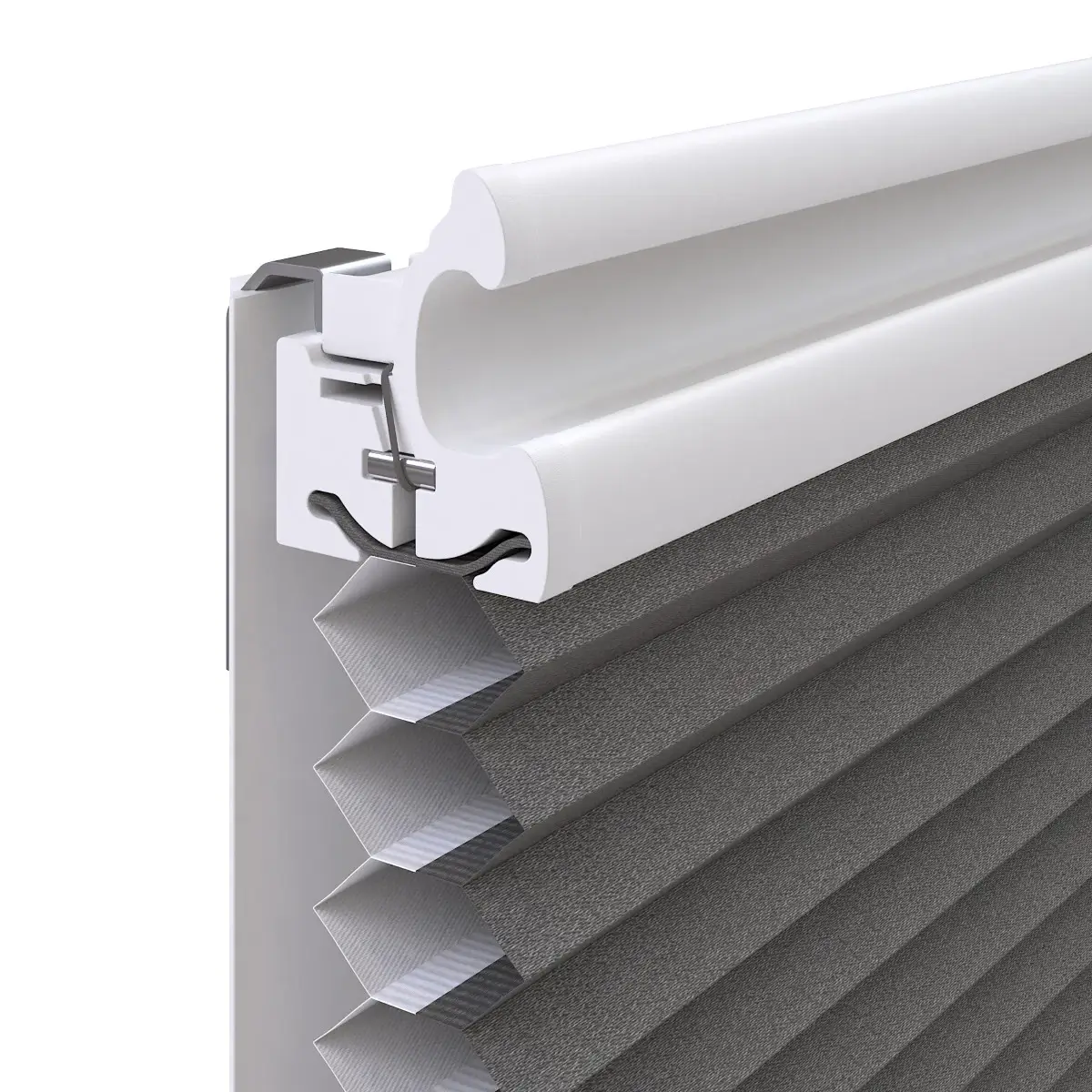 Gedetailleerde 3D-doorsnede van het bovenprofiel en de dubbele celstructuur van een plisségordijn.
