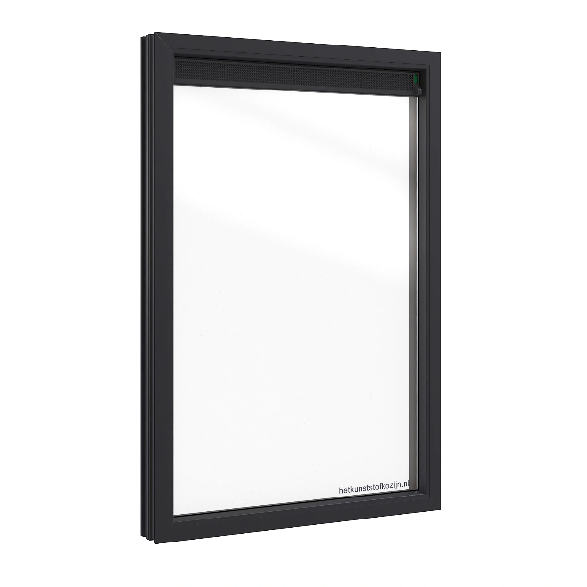 3D-render van een antraciet kunststof vastraam kozijn met geïntegreerd ventilatierooster.