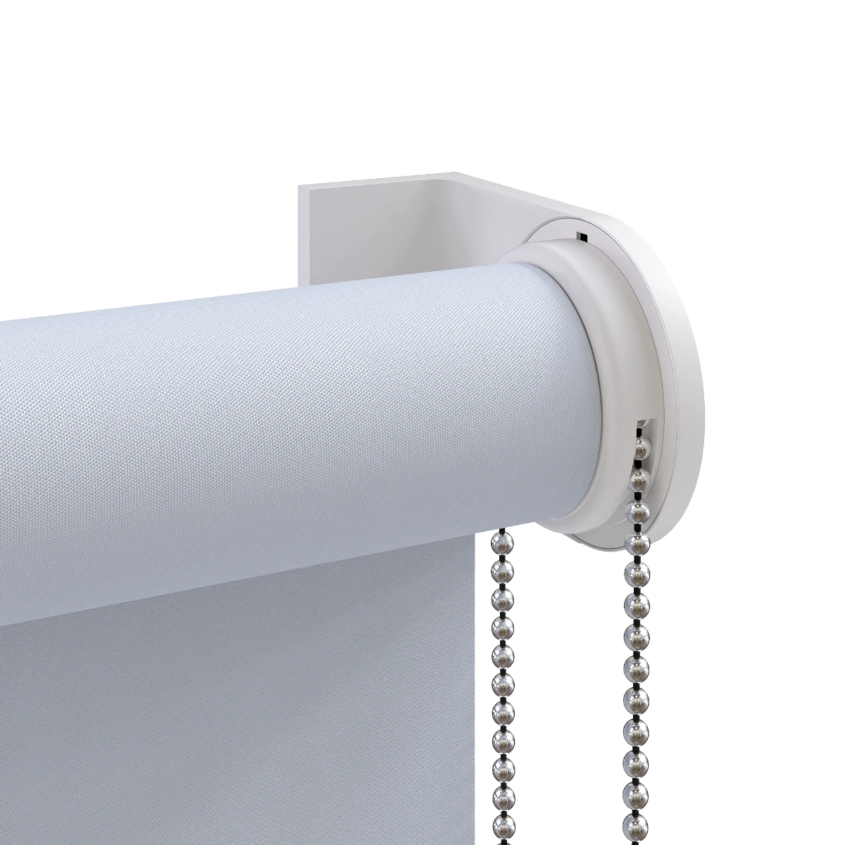 3D-detailrender van het ophangsysteem en de kettingbediening van een wit rolgordijn.