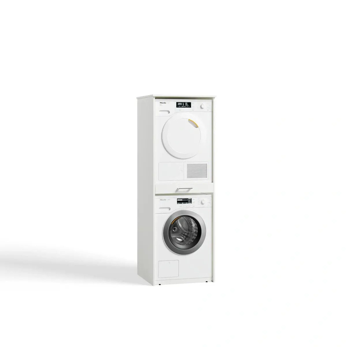 3D-render van een hoge witte wasmachinekast voor een gestapelde wasmachine en droger.
