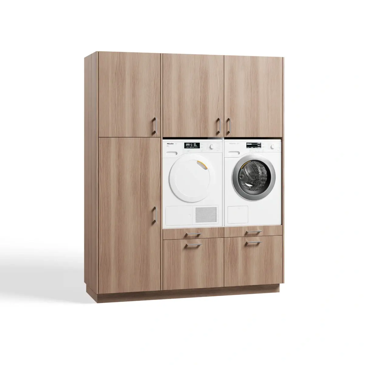 Fotorealistische 3D-productvisualisatie van een complete licht eiken wasmachinekast met zijkast en bovenkasten.