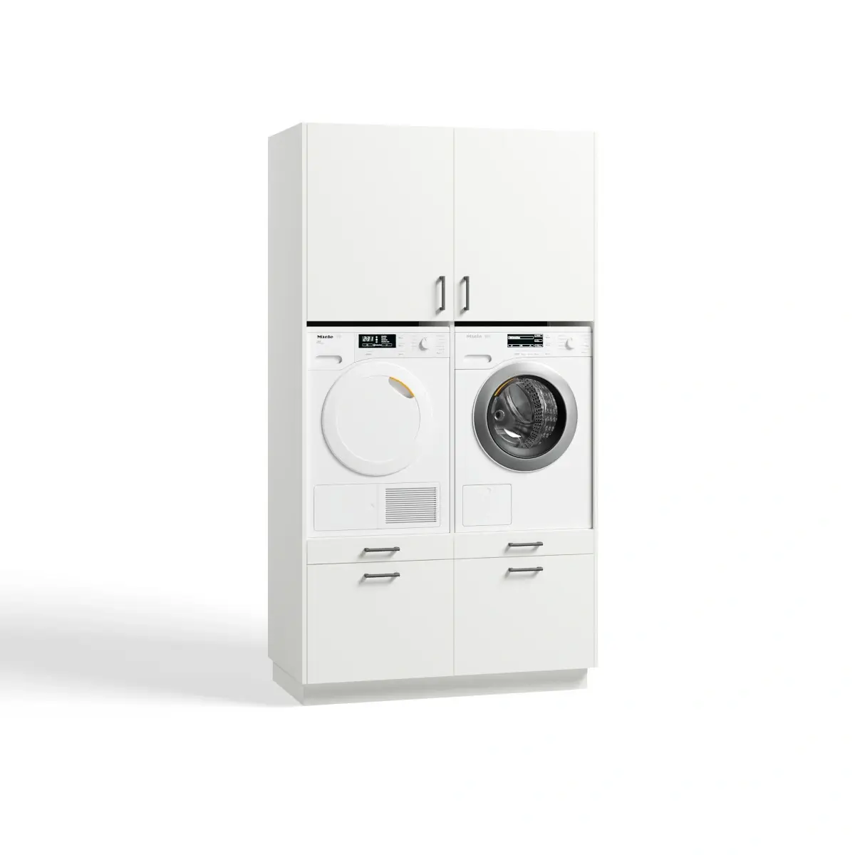 3D-visualisatie van een dubbele witte wasmachinekast met onderlades en twee ruime bovenkasten.

6. Flush (Antraciet met Hoge Kast en Bovenkasten)
