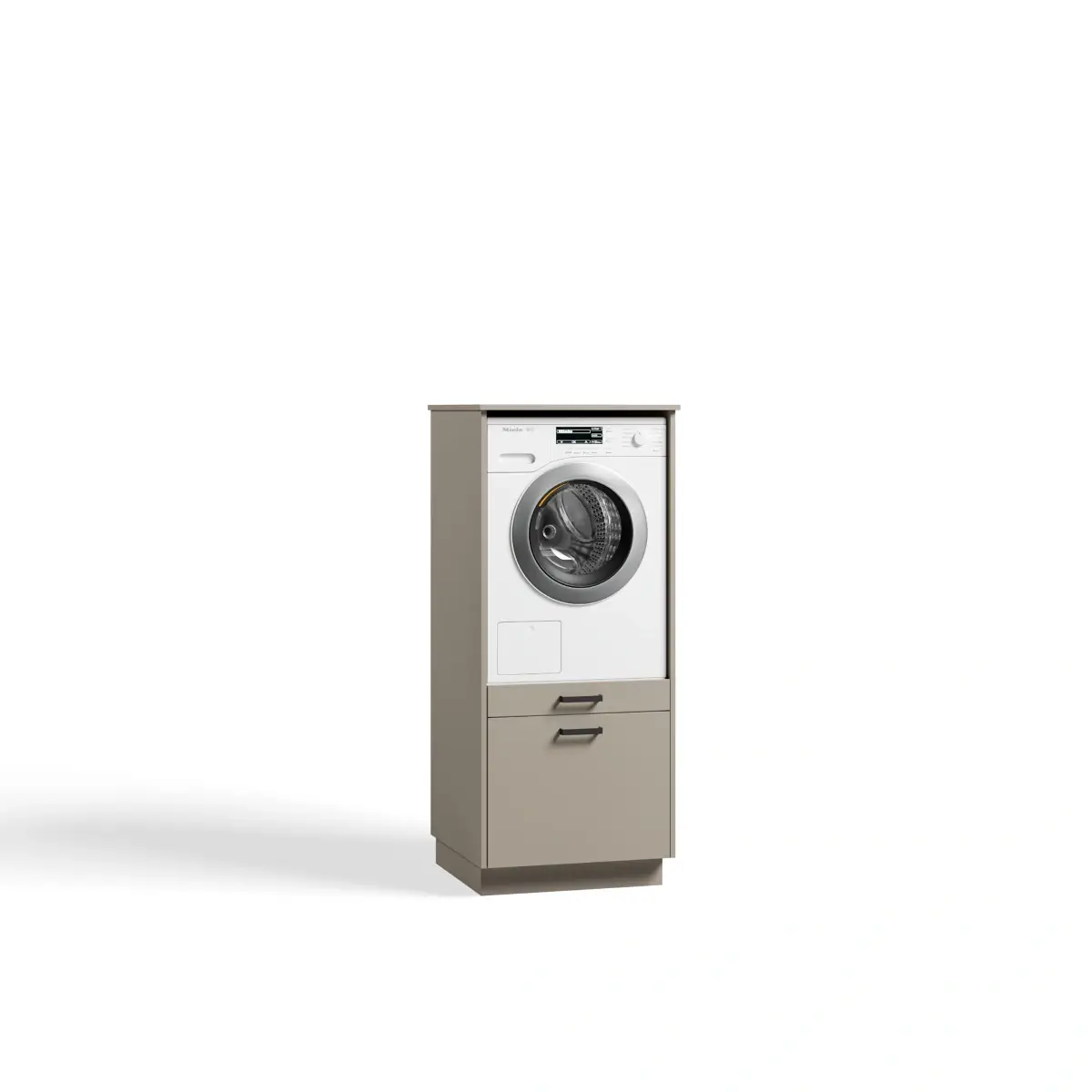 3D-productvisualisatie van een enkele beigegrijze wasmachinekast met onderlade en ingebouwde wasmachine.