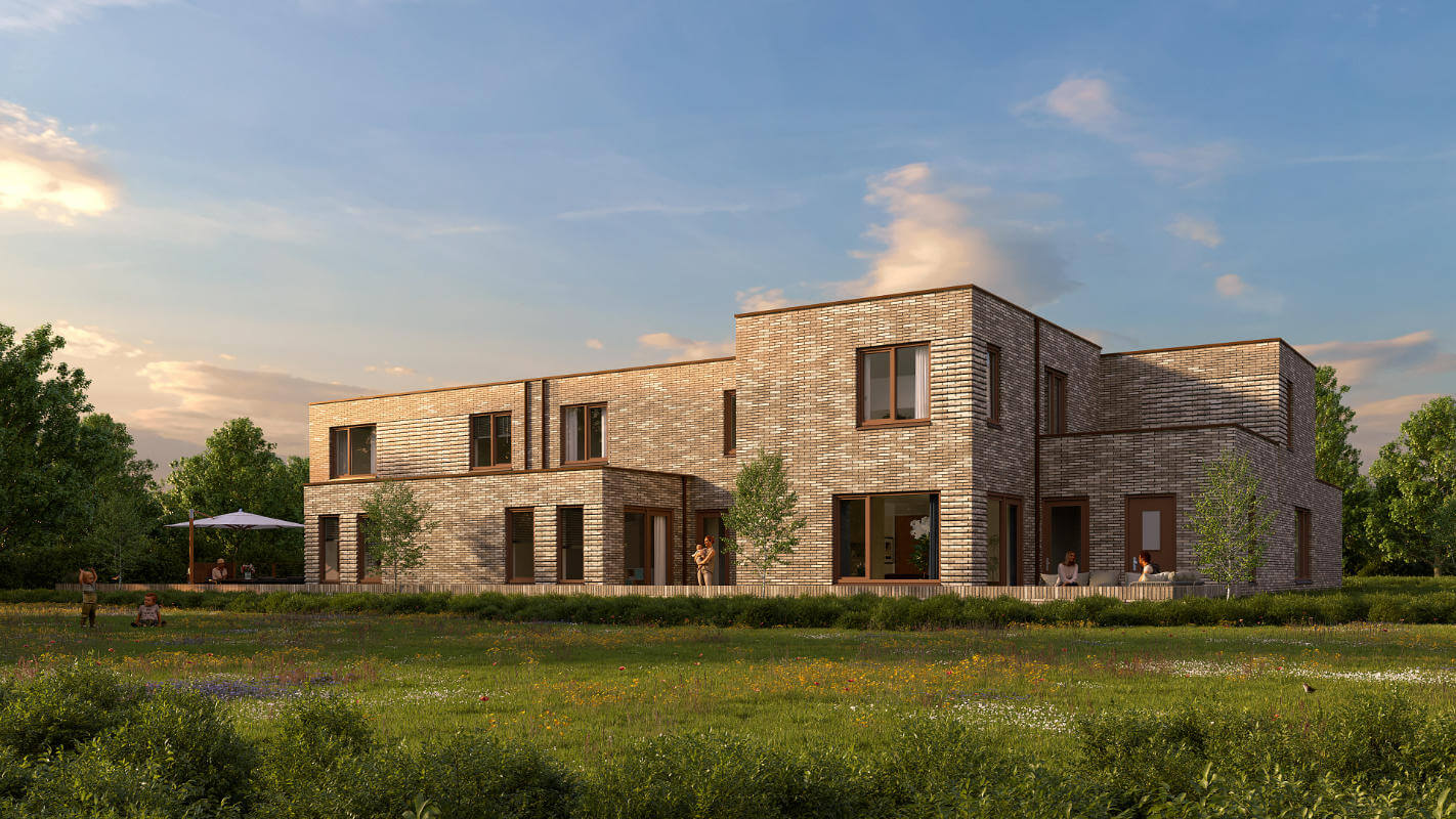 3D exterieur visualisatie van nieuwbouwproject Wonen op 't Veld door De Uni Architecten en WVG Ontwikkeling, met moderne bakstenen veldwoningen aan een bloemenweide.