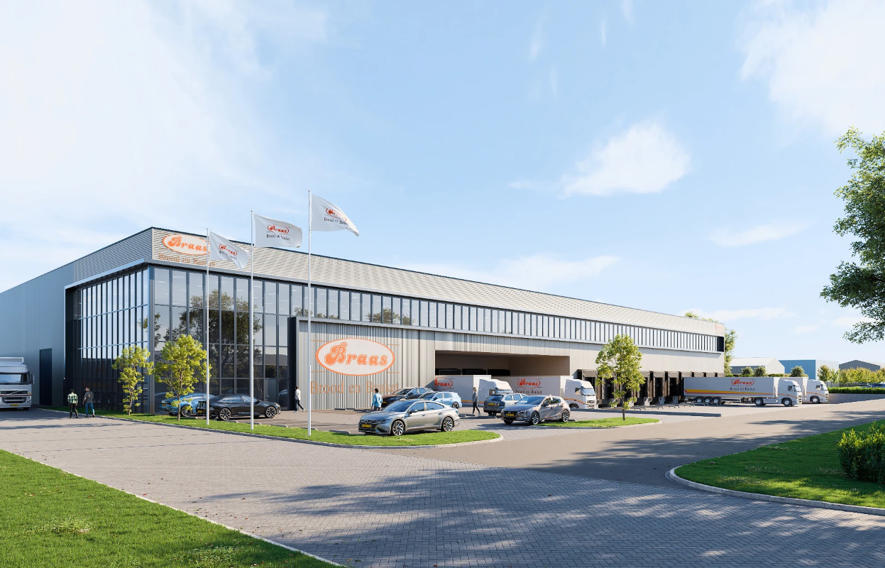 3D exterieur visualisatie van het nieuwe bedrijfspand voor Braas Brood & Banket in Obdam, ontworpen door SEC.architecten.