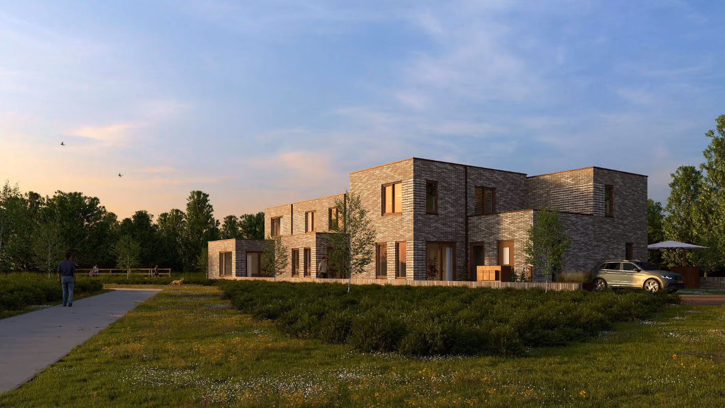 Fotorealistische 3D render van het project Wonen op 't Veld, ontworpen door De Unie Architecten, toont de modern architectuur van de woningen in een groene omgeving.