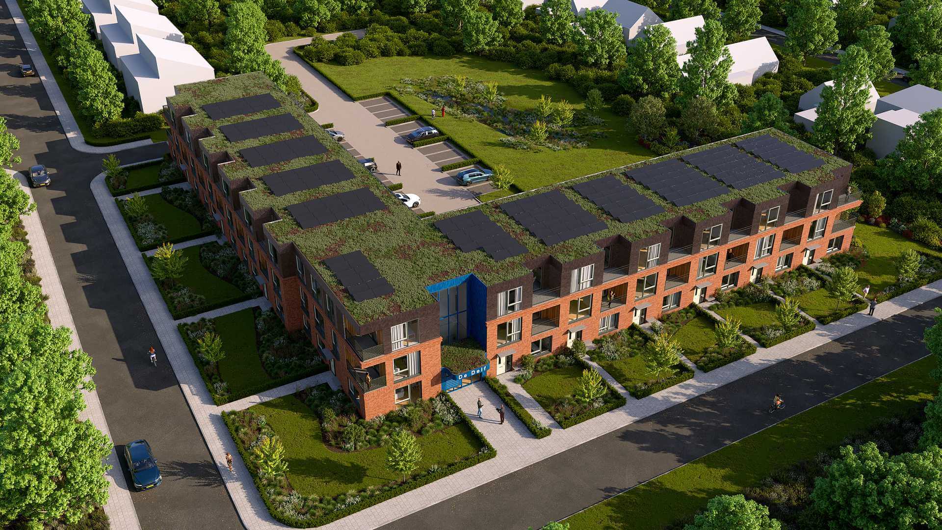 3D vogelvlucht visualisatie van nieuwbouwproject De Delf in Appingedam door Van Wijnen.