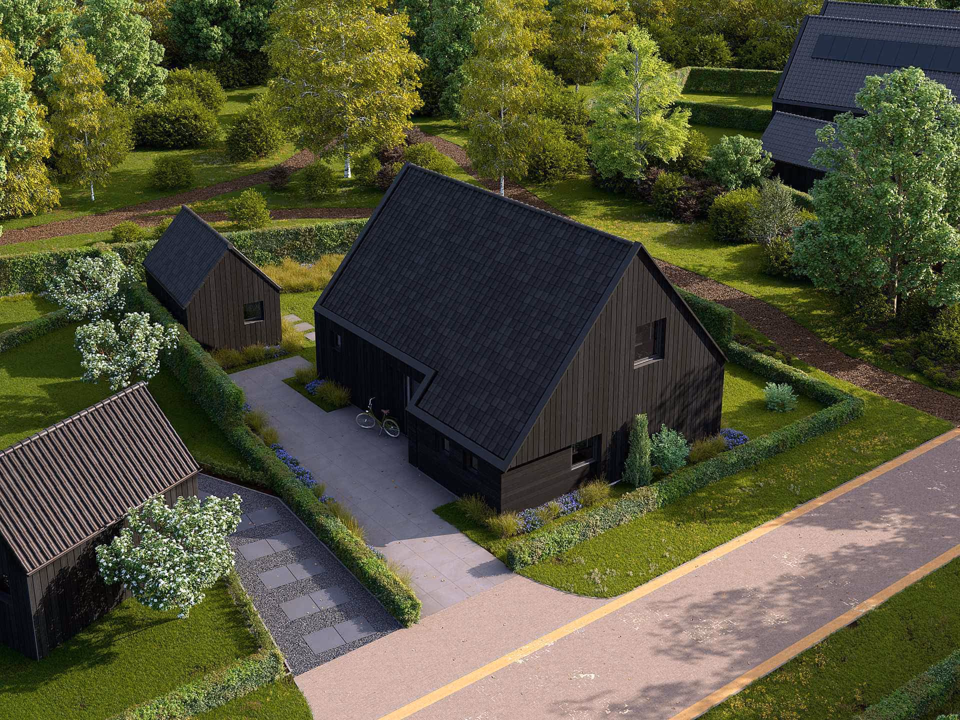 Fotorealistische 3D landschapsvisualisatie in vogelvlucht van een moderne zwarte schuurwoning omringd door een groene, natuurinclusieve omgeving in Nooitgedacht voor Rofis.