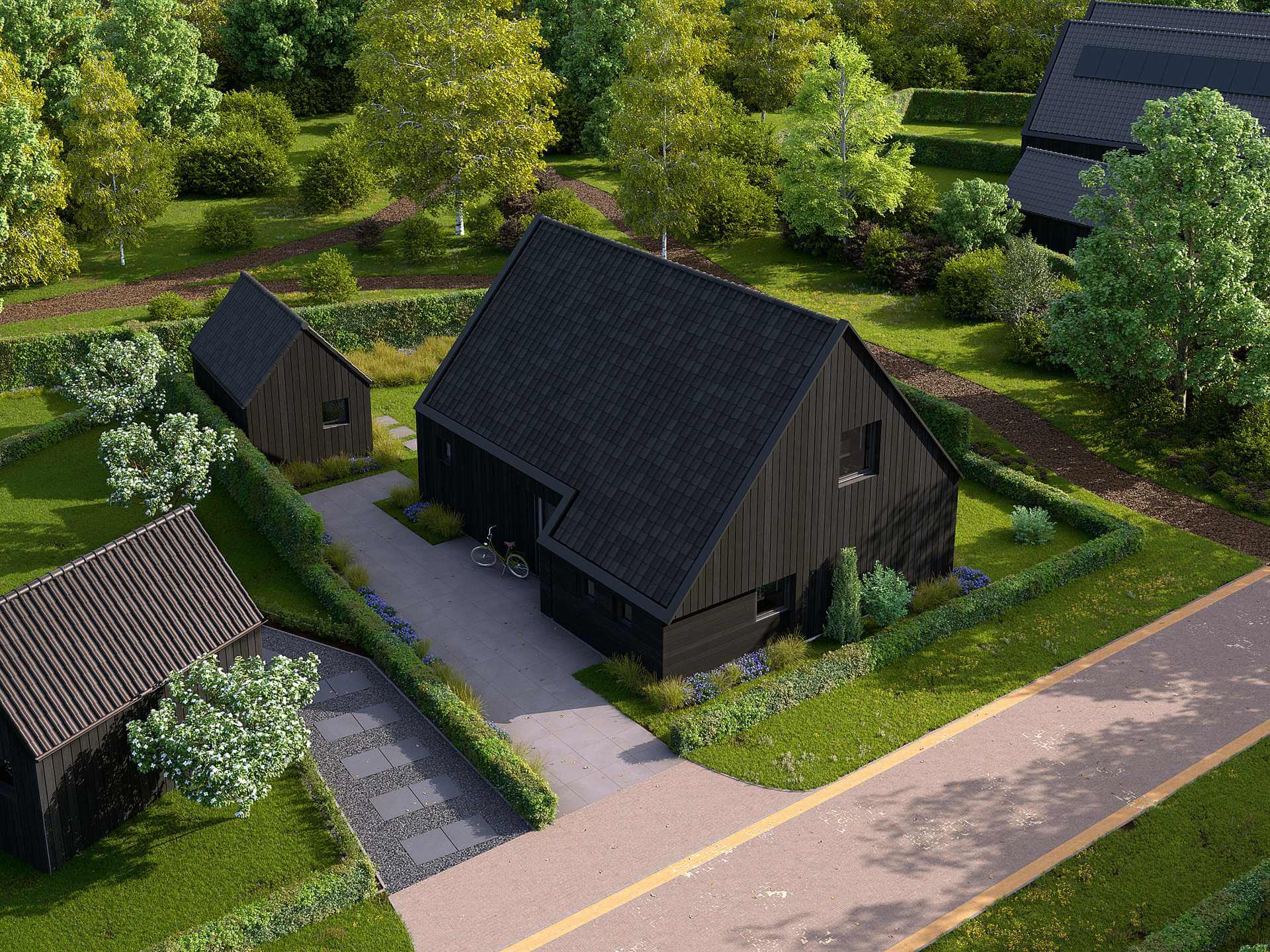 Fotorealistische 3D landschapsvisualisatie in vogelvlucht van een moderne zwarte schuurwoning omringd door een groene, natuurinclusieve omgeving in Nooitgedacht voor Rofis.