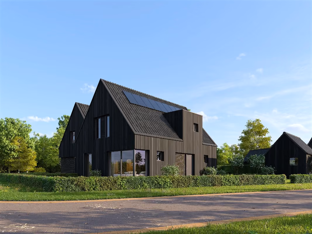 3D vastgoed visualisatie van een moderne zwarte schuurwoning met zonnepanelen in Nooitgedacht, ontwikkeld door Rofis Bouw & Ontwikkeling.