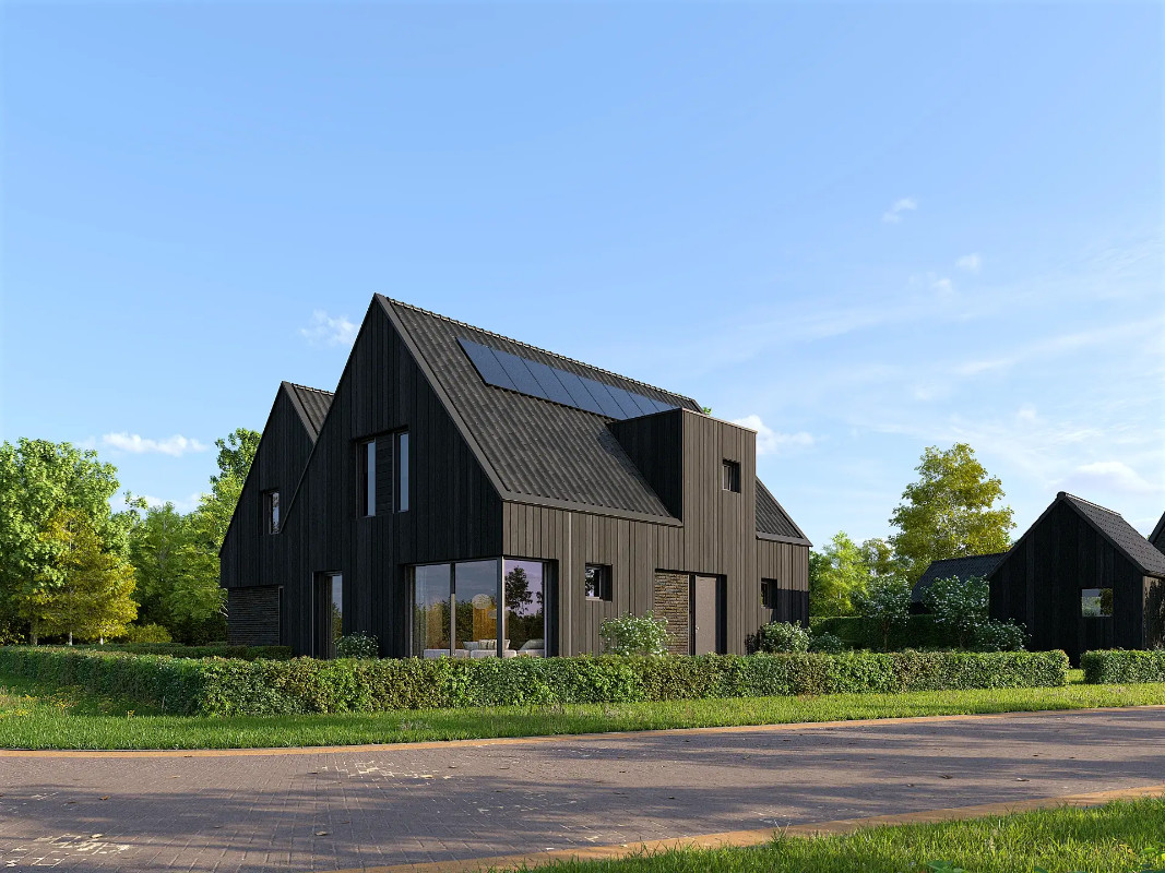 3D vastgoed visualisatie van een moderne zwarte schuurwoning met zonnepanelen in Nooitgedacht, ontwikkeld door Rofis Bouw & Ontwikkeling.