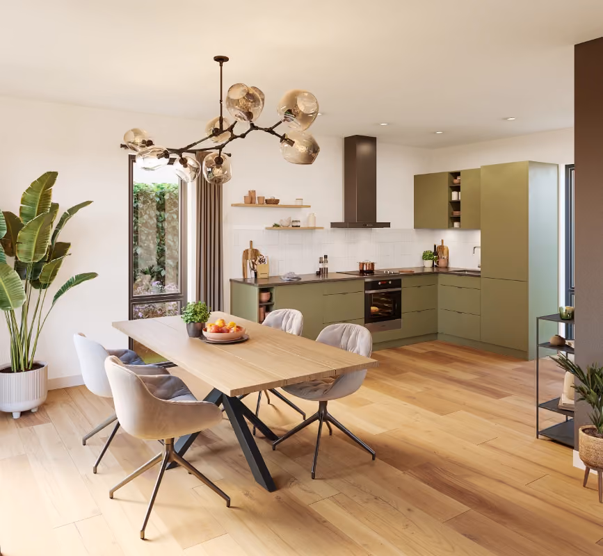 Sfeervolle 3D interieur visualisatie van een moderne olijfgroene hoekkeuken en houten eettafel met design verlichting in een licht nieuwbouwhuis.