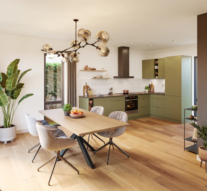 Sfeervolle 3D interieur visualisatie van een moderne olijfgroene hoekkeuken en houten eettafel met design verlichting in een licht nieuwbouwhuis.