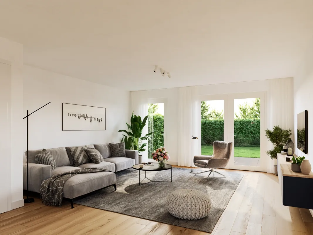 Lichte 3D interieur visualisatie van een woonkamer met uitbouw naar de tuin voor het project Hof van Cantrijn door MorgenWonen (VolkerWessels).