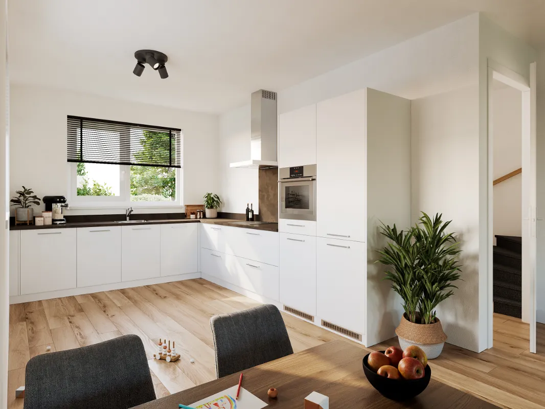 3D interieur visualisatie van een moderne witte hoekkeuken met inbouwapparatuur voor het project Hof van Cantrijn door MorgenWonen (VolkerWessels).