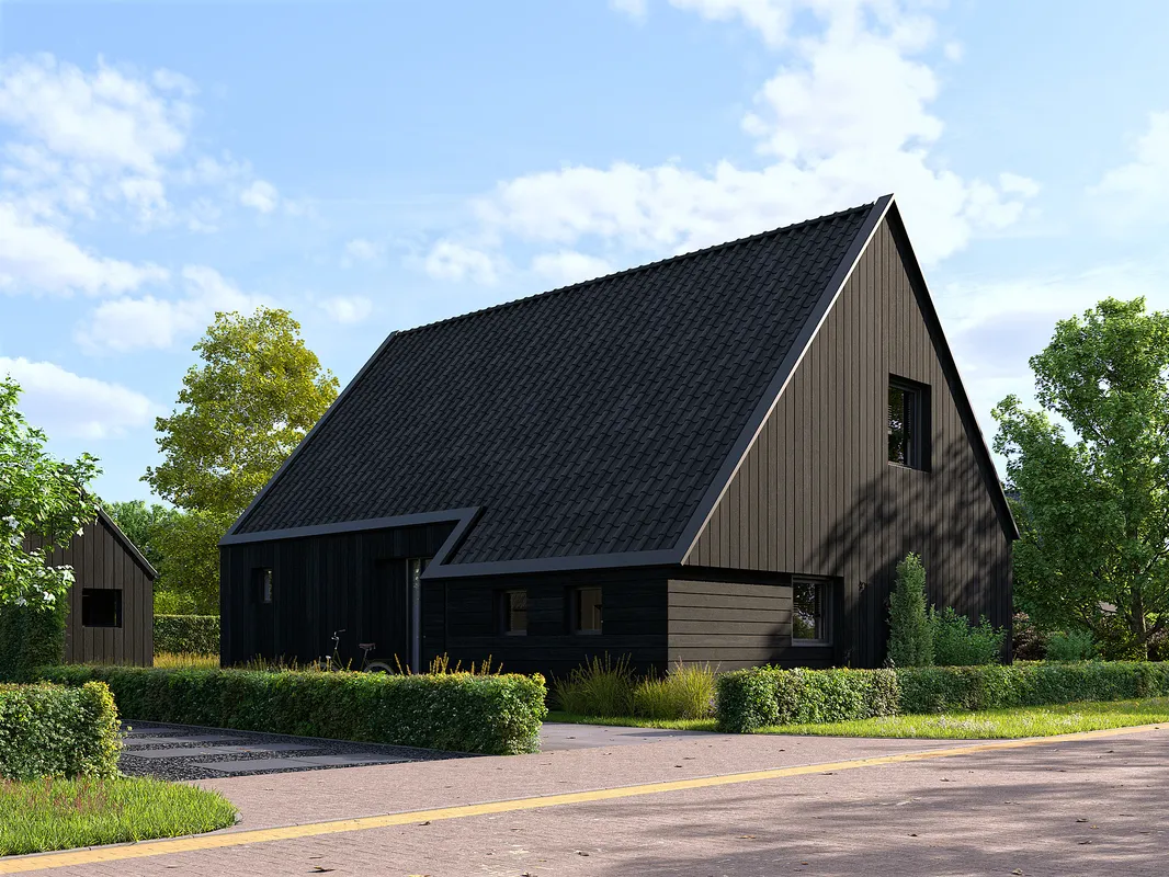 Fotorealistische 3D exterieur visualisatie van de straatzijde van een zwarte houten schuurwoning voor Wonen aan de Es Fase 2 door Rofis.