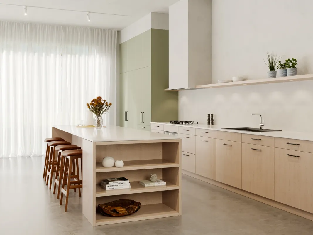 Sfeervolle 3D interieur visualisatie van een moderne maatwerk keuken met lichten houten kasten, een kookeiland en een zachtgroene kastenwand.