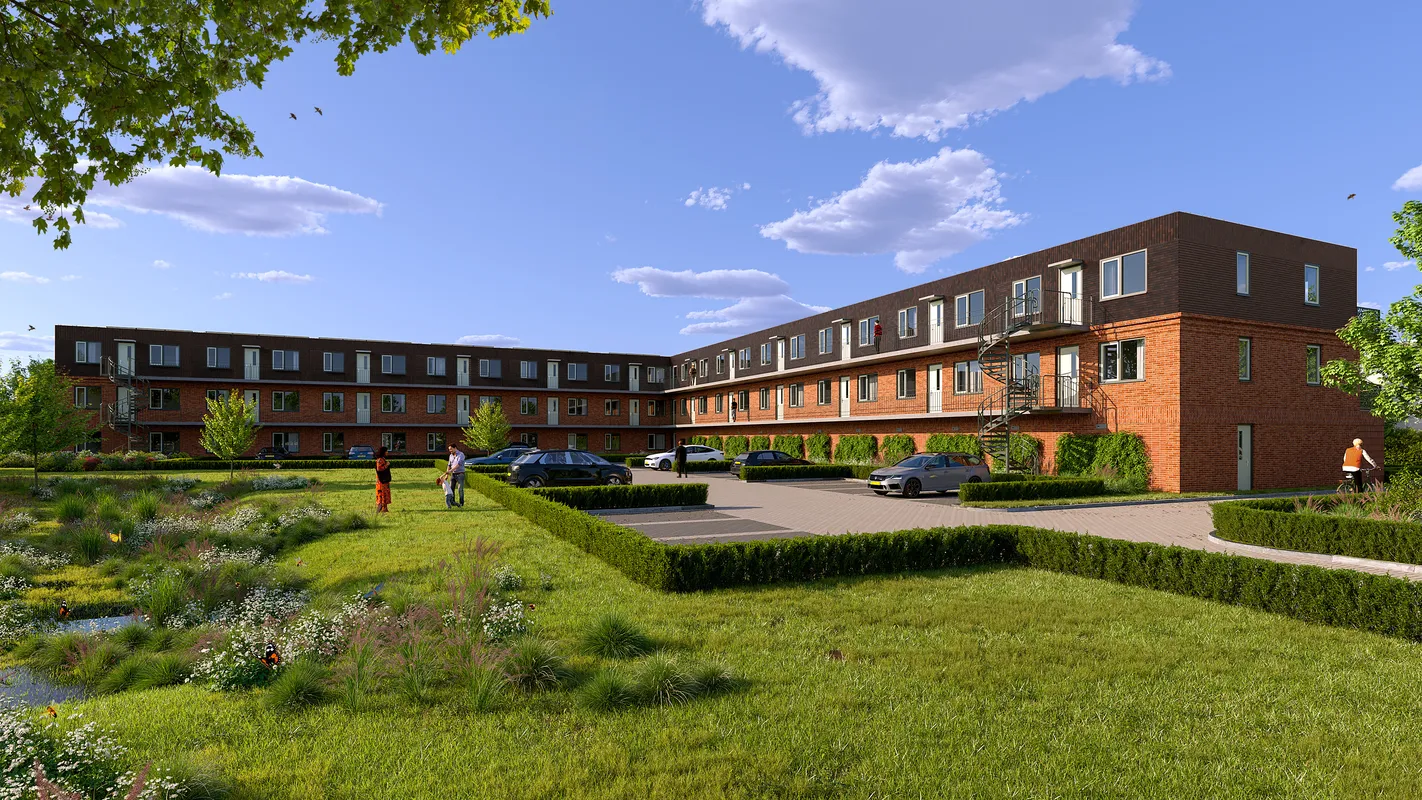 3D exterieur visualisatie van de renovatie van appartementen voor woningcorporatie Groninger Huis in Appingedam, gebouwd door Van Wijnen en ontworpen door 12WAT architecten.