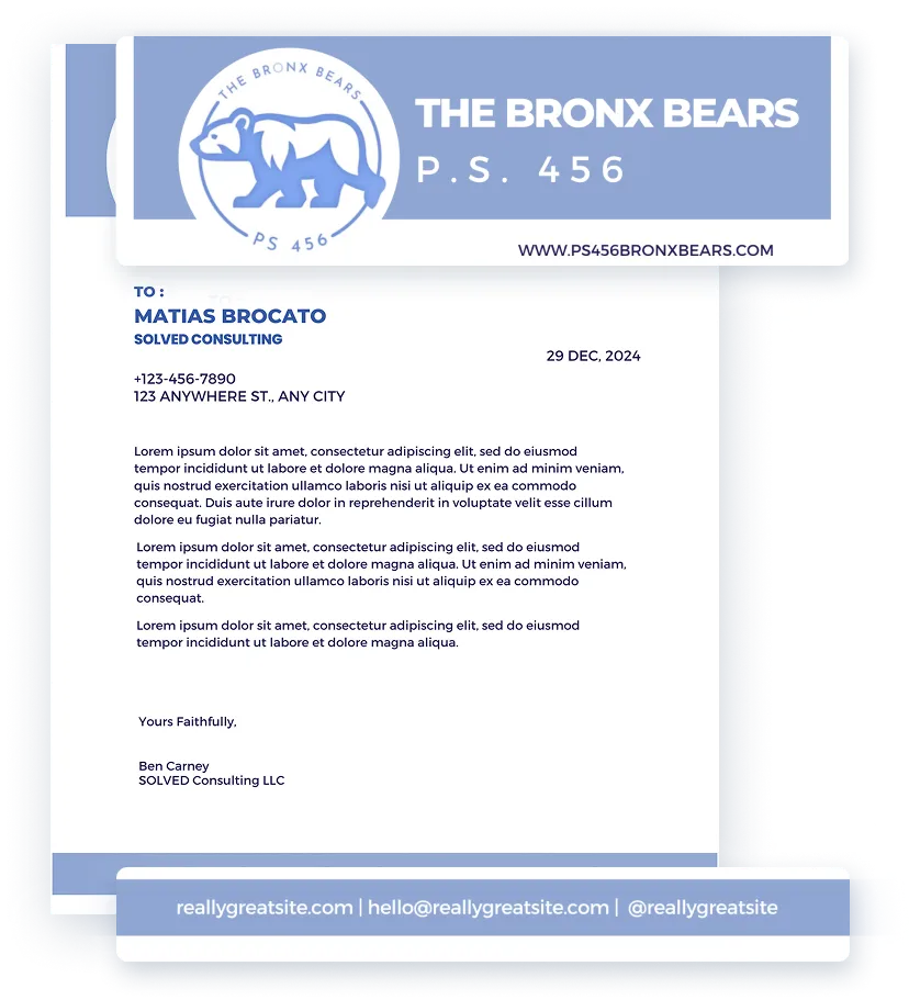 Letterhead from The Bronx Bears – P.S. 456, with a blue and white color scheme. At the top left is a circular logo of a bear with the text “THE BRONX BEARS – PS 456.” To the right of the logo is the school name and website: www.ps456bronxbears.com. The letter is addressed to Matias Brocato from Solved Consulting, dated 29 Dec, 2024, and includes a placeholder address and phone number. The body contains placeholder text (Lorem ipsum) simulating a formal message. The signature section includes the name Ben Carney from Solved Consulting LLC. The footer features a blue banner with contact details: reallygreatsite.com, hello@reallygreatsite.com, and @reallygreatsite.