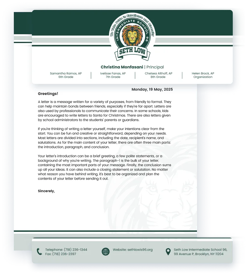 Custom letterhead from Seth Low Intermediate School 96 in Brooklyn, New York. The top banner features the school logo with a lion and the motto “We Take Pride in Excellence and Leadership.” Beneath it is the school name and staff list: Christina Monfasani (Principal), Samantha Ramos (AP 6th Grade), Ivelisse Fanas (AP 7th Grade), Chelsea Althoff (AP 8th Grade), and Helen Brock (AP Organization). The letter is dated Monday, May 19, 2025, and explains the purpose and structure of writing letters, covering components like greeting, body paragraph, and conclusion. The footer includes contact details: telephone (718) 236-1344, fax (718) 236-2397, website sethlowis96.org, and school address: 99 Avenue P, Brooklyn, NY 11204. A faint lion watermark appears in the background.