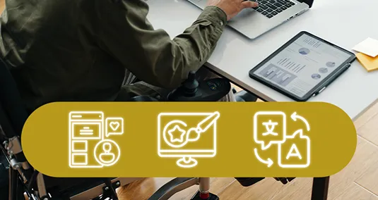 Accessibility icons overlaying laptop screen illustrate ADA-compliant school website features for inclusive navigation
