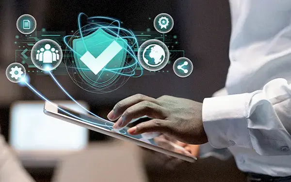 Parent tapping tablet to access instant lunch menu and emergency alert hub with secure icons overlay