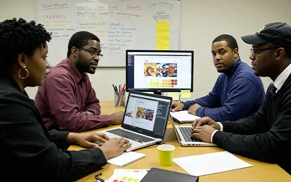 District team fine-tuning website colors, mascots and typography for consistent, flexible school-brand identity