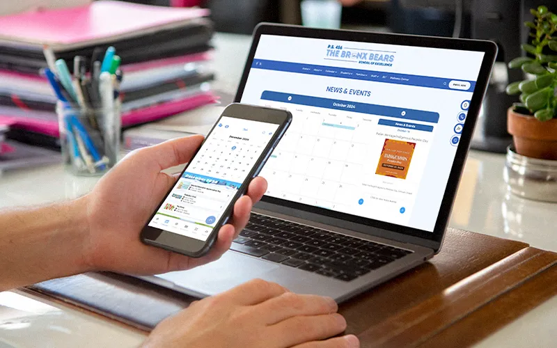 Teacher syncing news on phone and laptop with Website+App feature, keeping K-12 school site and mobile app always in sync