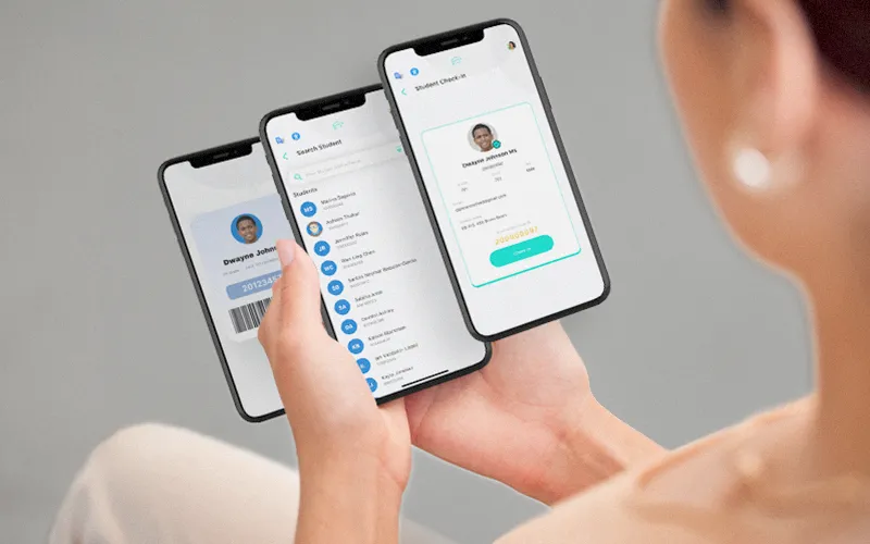 Hand displaying three phones with K-12 school app Student ID barcode and attendance check-in screens