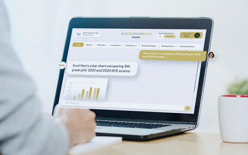 SOLVED Dashboard AI assistant generating a bar chart comparison from a natural-language request on a laptop