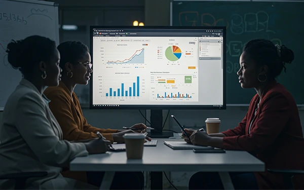 School leaders examining dashboard charts to track parent-engagement analytics and prioritise high-value pages