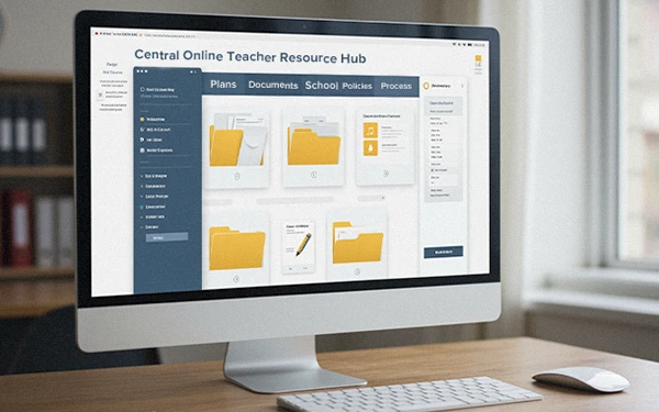 Desktop screen displaying central online teacher resource hub folders for lesson plans and school policies