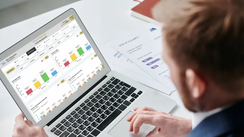 Administrator viewing SOLVED Data Dashboard report with multicolor performance charts on a laptop