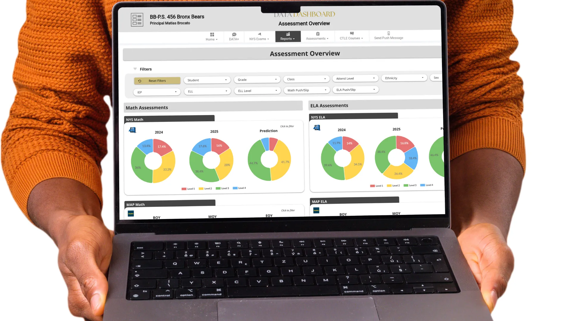 SOLVED Data Dashboard assessment overview with Math and ELA donut charts and student filters