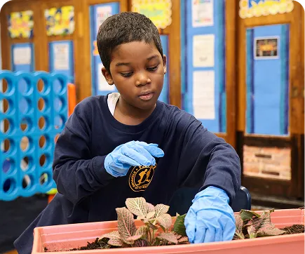 Hand holding a phone with the K-12 school app dashboard open, showing icons for notifications, schedule, grades and messaging¡