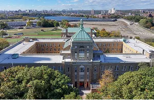 Aerial view of the school campus showing main building, fields, and surrounding neighborhood