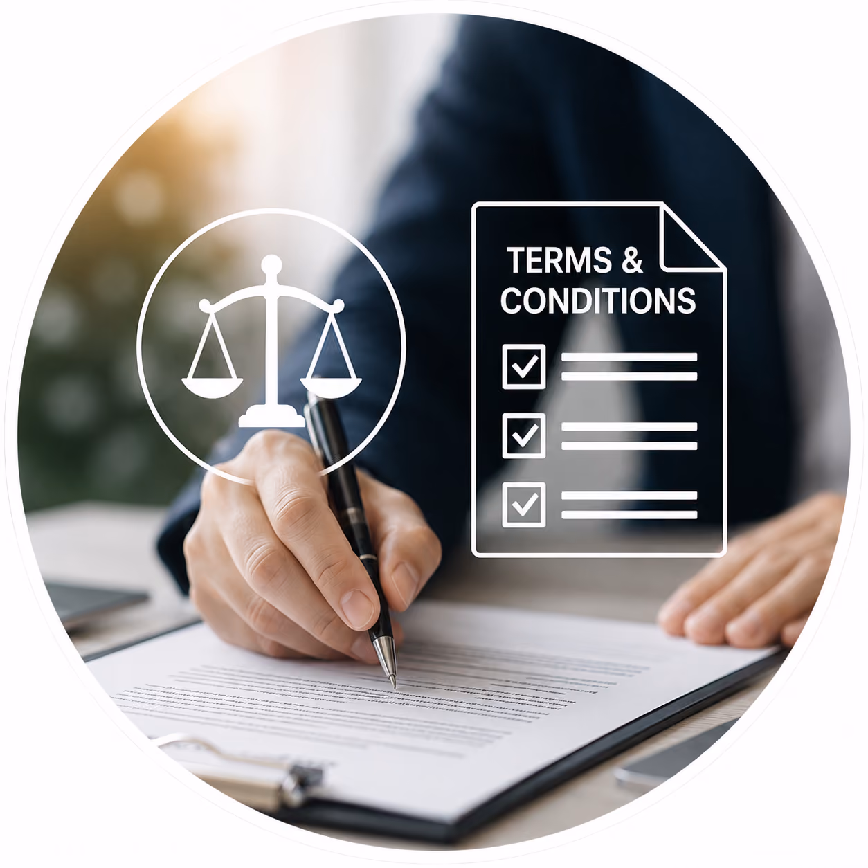 Person typing on a laptop with digital icons of a security shield and a checklist document, symbolizing data privacy and compliance policies.